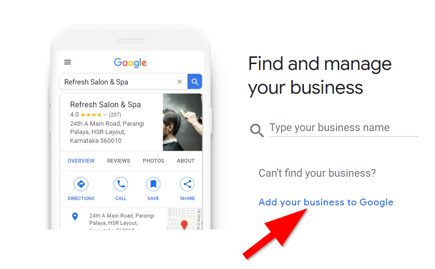 Google My Business page with a red arrow pointing to the letters add your business to google