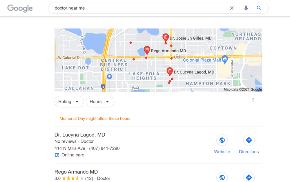 Doctor near me search results on Google
