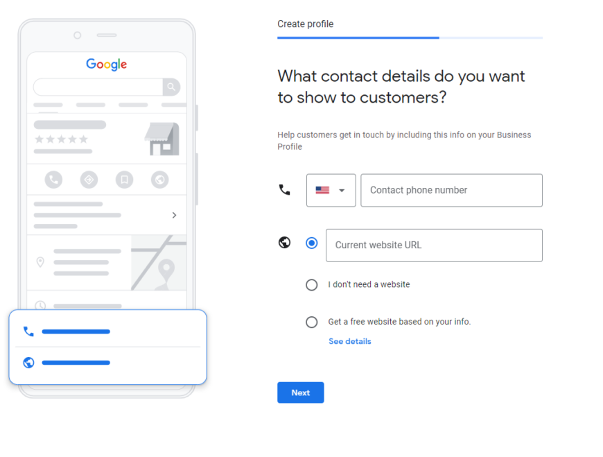 Google My Business page asking for contact details