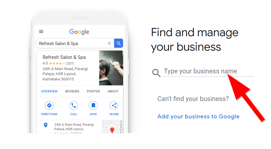 Google My Business page with a red arrow pointing to the find and manage your business option